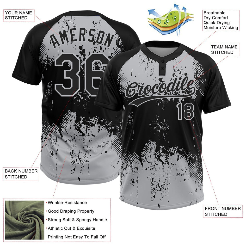 Custom Black Gray 3D Pattern Abstract Splatter Grunge Art Two-Button Unisex Softball Jersey photo 3