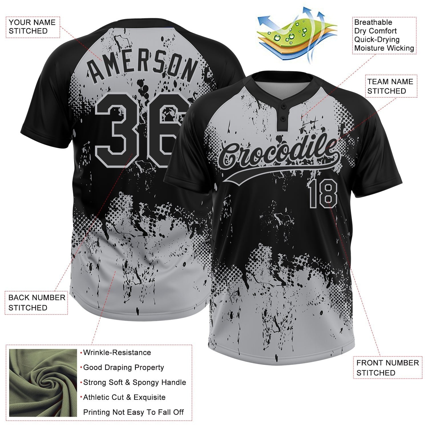 Custom Black Gray 3D Pattern Abstract Splatter Grunge Art Two-Button Unisex Softball Jersey photo 3