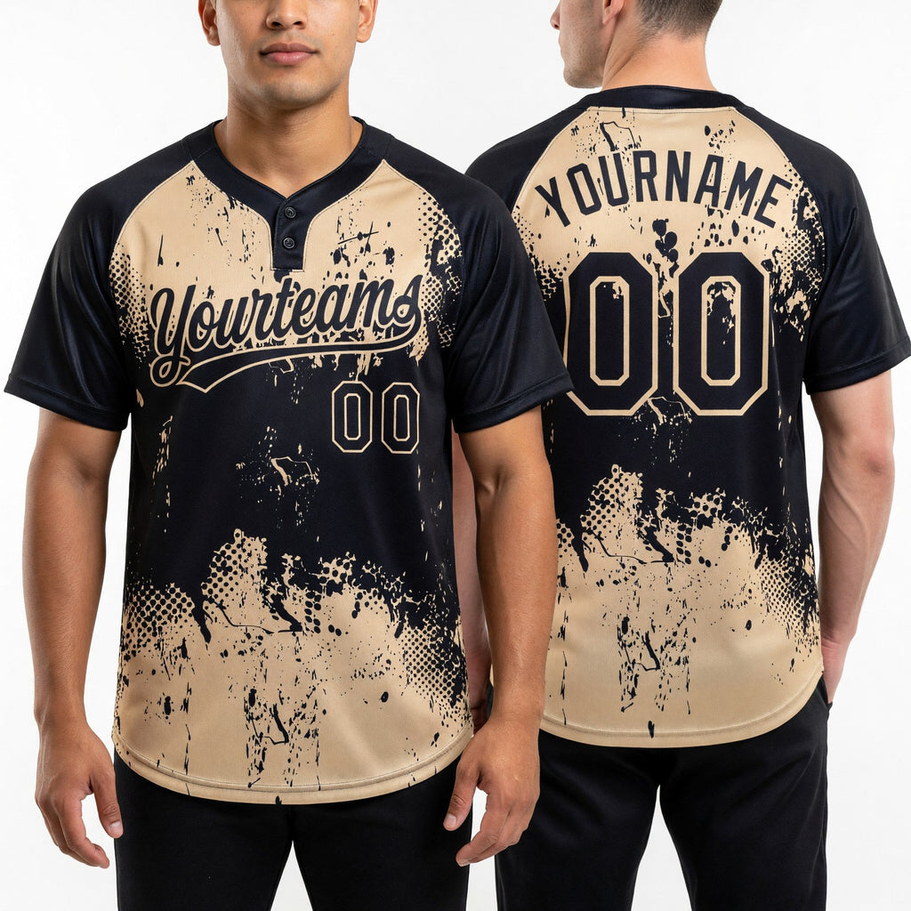 Custom Black Cream 3D Pattern Abstract Splatter Grunge Art Two-Button Unisex Softball Jersey worn front and back