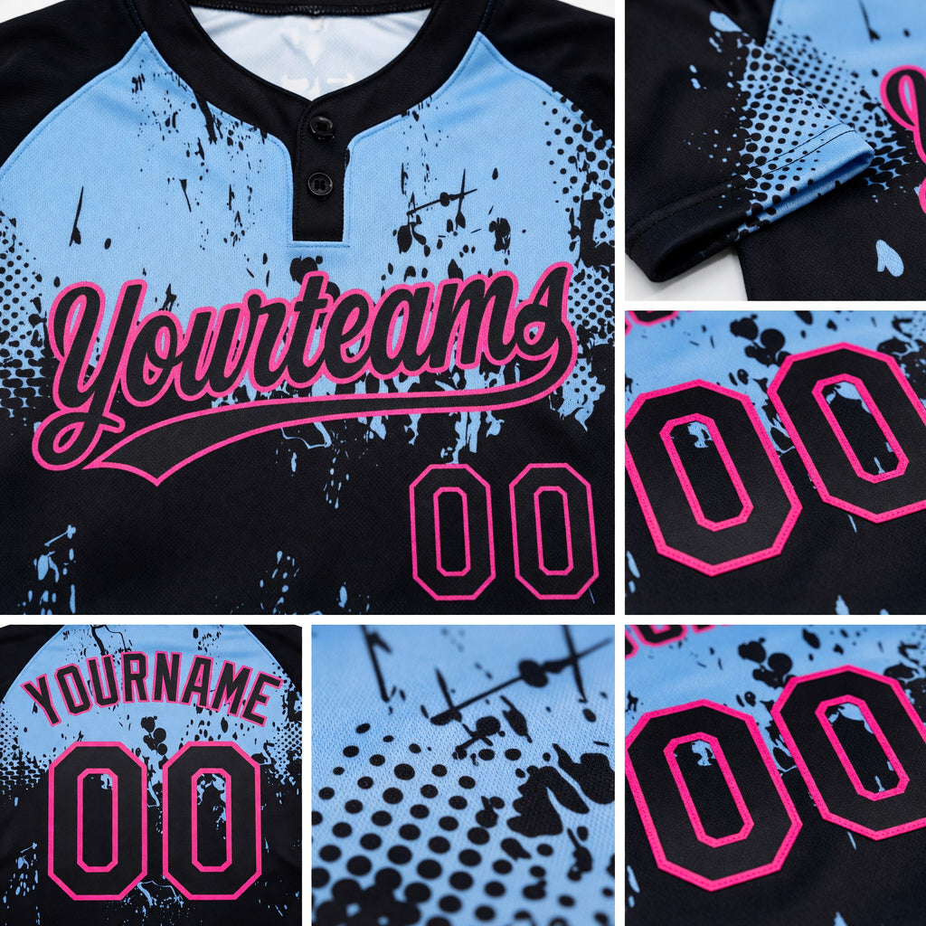 Custom Black Light Blue-Pink 3D Pattern Abstract Splatter Grunge Art Two-Button Unisex Softball Jersey detail