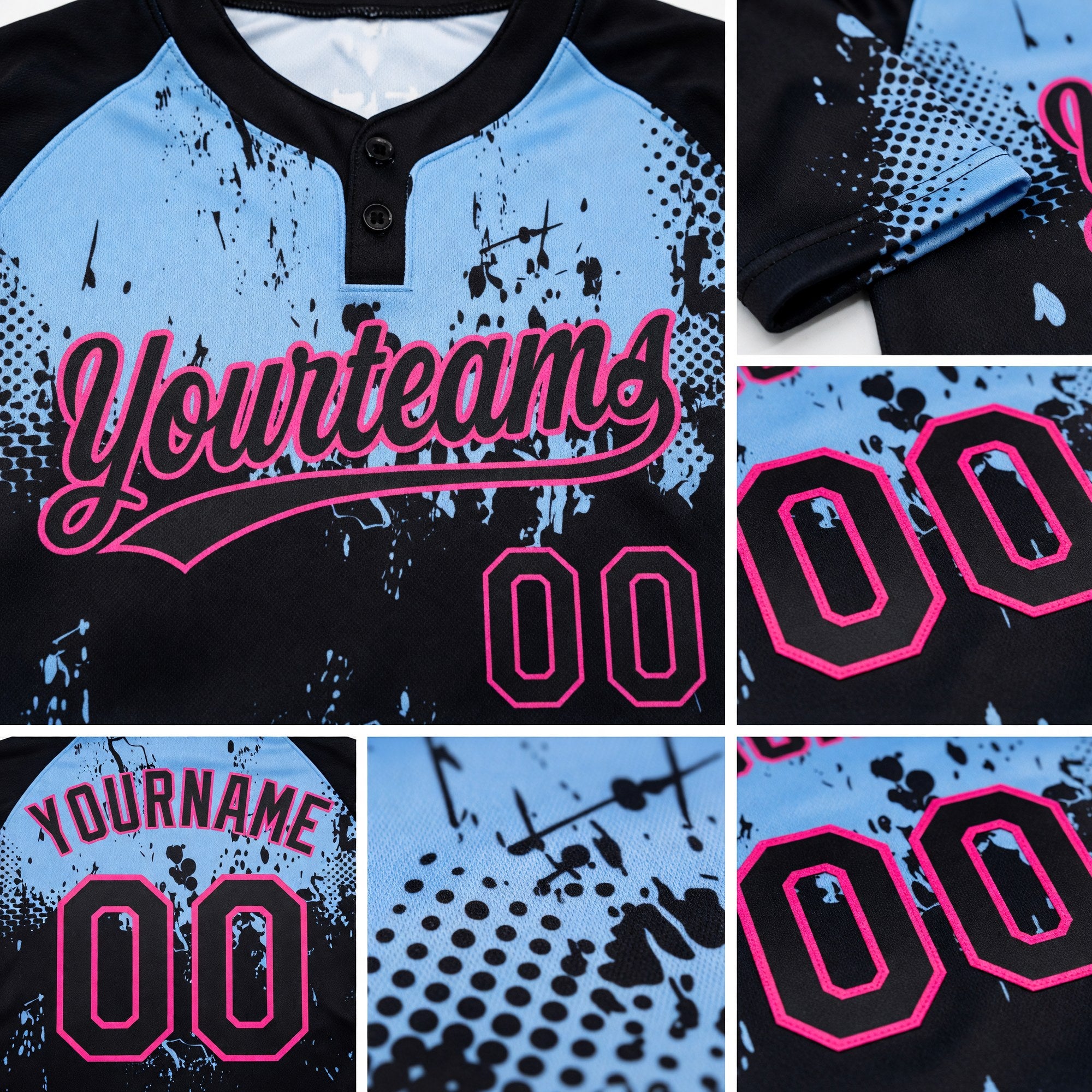 Custom Black Light Blue-Pink 3D Pattern Abstract Splatter Grunge Art Two-Button Unisex Softball Jersey detail