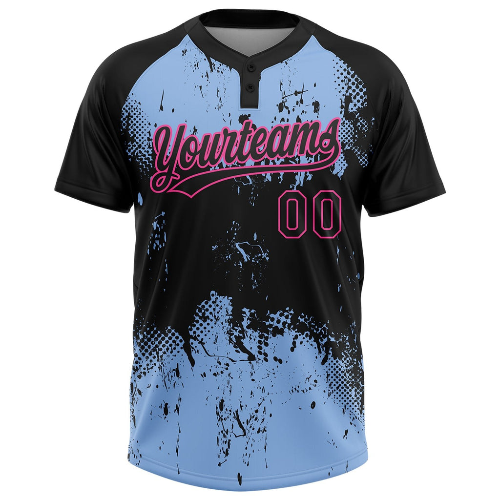 Custom Black Light Blue-Pink 3D Pattern Abstract Splatter Grunge Art Two-Button Unisex Softball Jersey photo 2