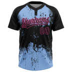 Custom Black Light Blue-Pink 3D Pattern Abstract Splatter Grunge Art Two-Button Unisex Softball Jersey photo 2