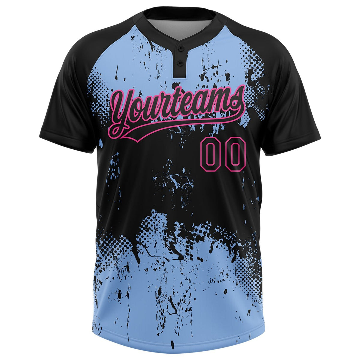 Custom Black Light Blue-Pink 3D Pattern Abstract Splatter Grunge Art Two-Button Unisex Softball Jersey photo 2