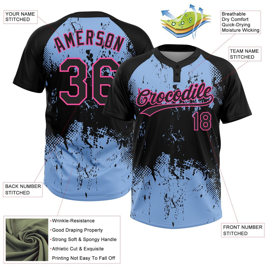 Custom Black Light Blue-Pink 3D Pattern Abstract Splatter Grunge Art Two-Button Unisex Softball Jersey photo 3