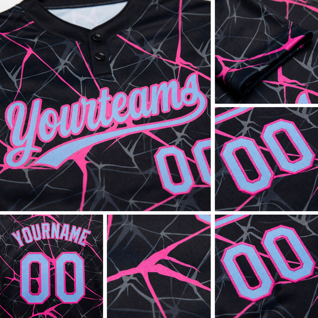 Custom Black Light Blue-Pink 3D Pattern Abstract Network Two-Button Unisex Softball Jersey detail