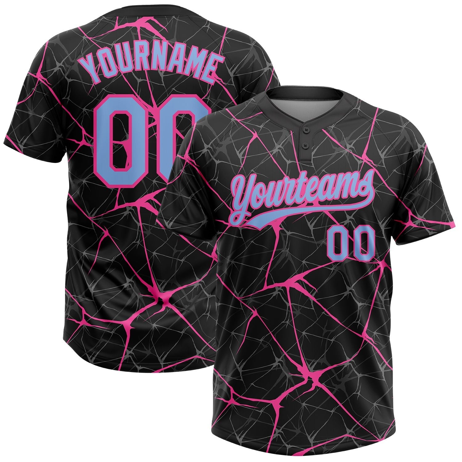 Custom Black Light Blue-Pink 3D Pattern Abstract Network Two-Button Unisex Softball Jersey photo 1
