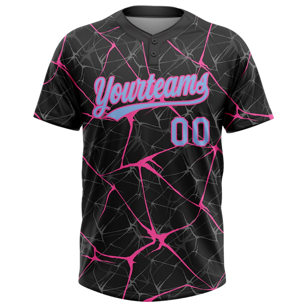 Custom Black Light Blue-Pink 3D Pattern Abstract Network Two-Button Unisex Softball Jersey photo 2
