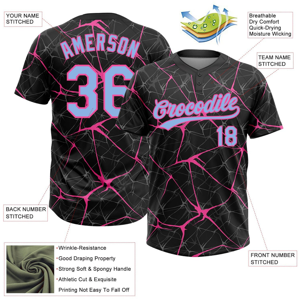 Custom Black Light Blue-Pink 3D Pattern Abstract Network Two-Button Unisex Softball Jersey photo 3