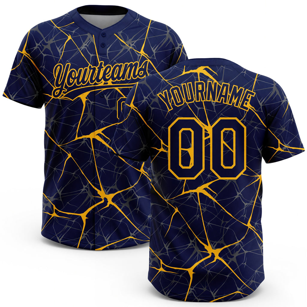 Custom Navy Gold 3D Pattern Abstract Network Two-Button Unisex Softball Jersey