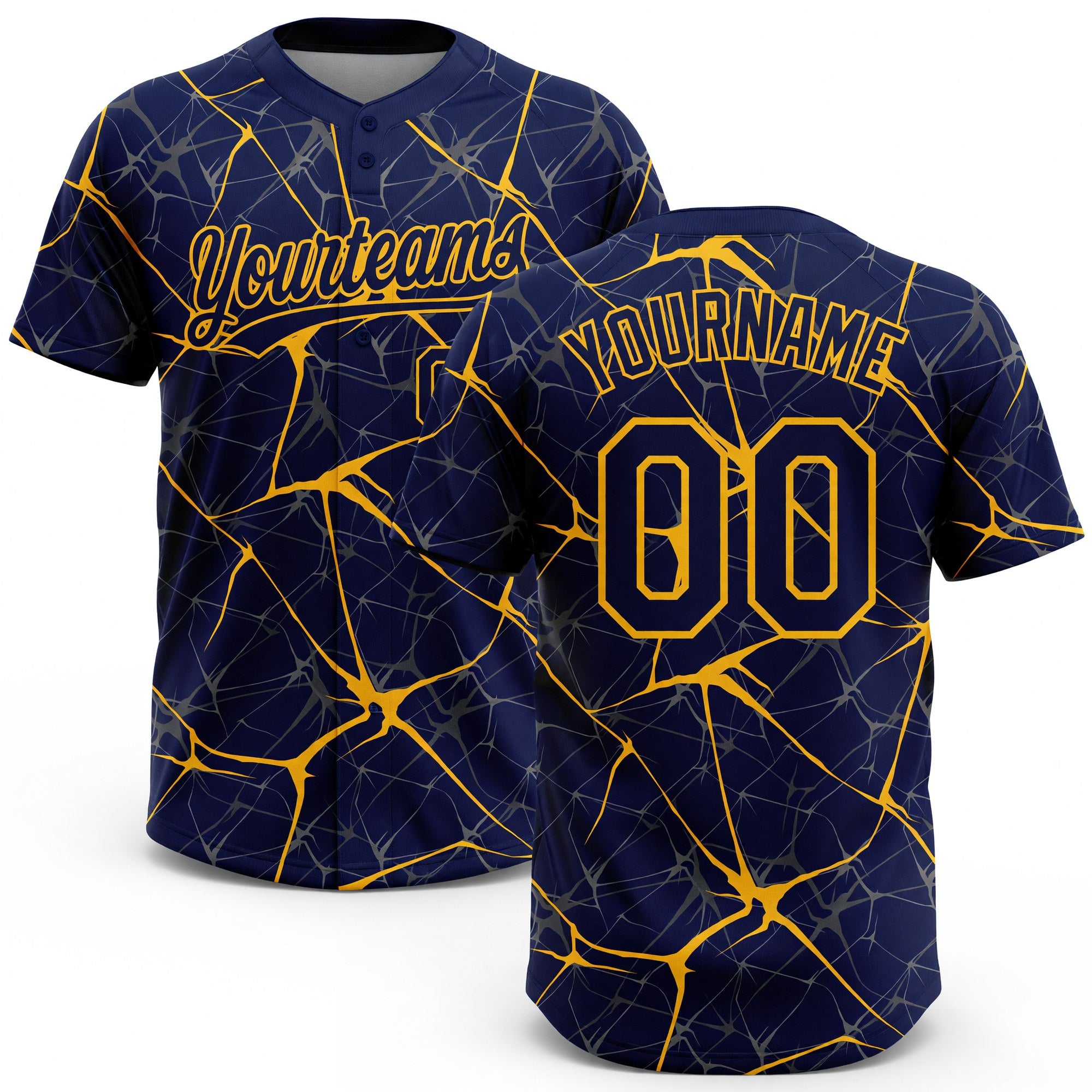 Custom Navy Gold 3D Pattern Abstract Network Two-Button Unisex Softball Jersey