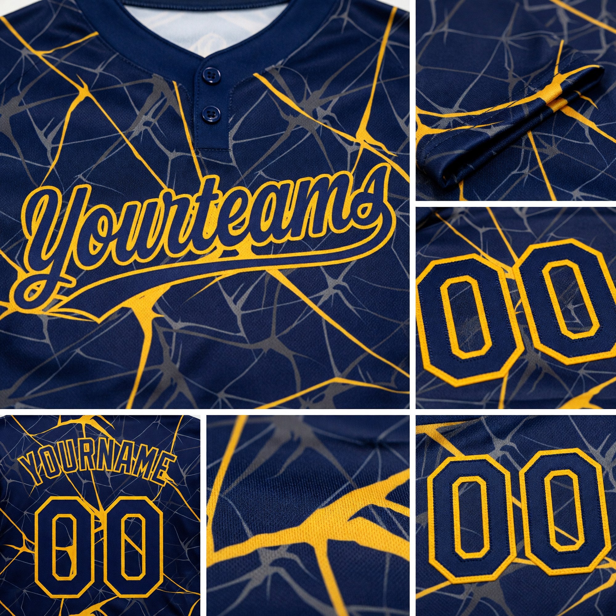 Custom Navy Gold 3D Pattern Abstract Network Two-Button Unisex Softball Jersey detail