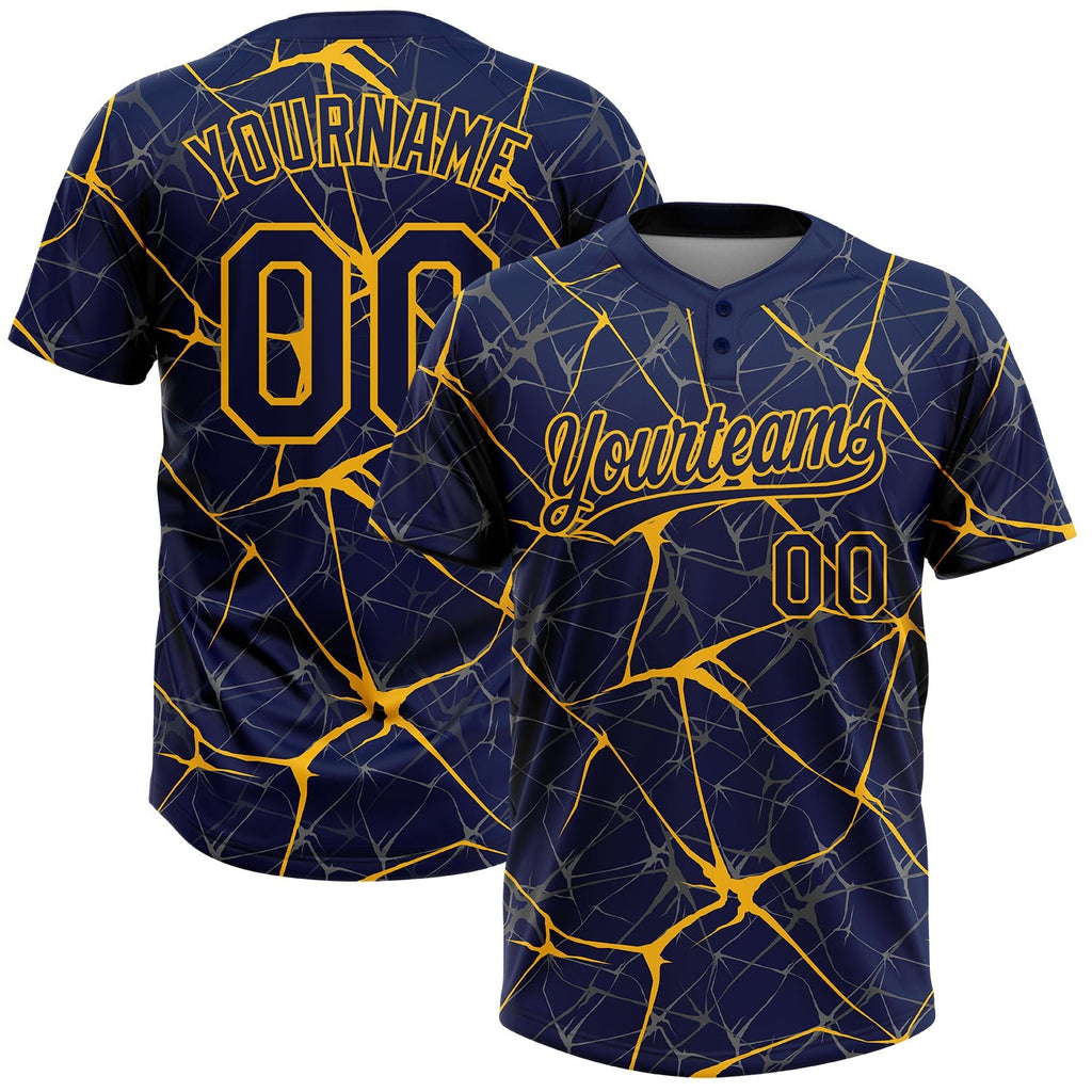 Custom Navy Gold 3D Pattern Abstract Network Two-Button Unisex Softball Jersey photo 1