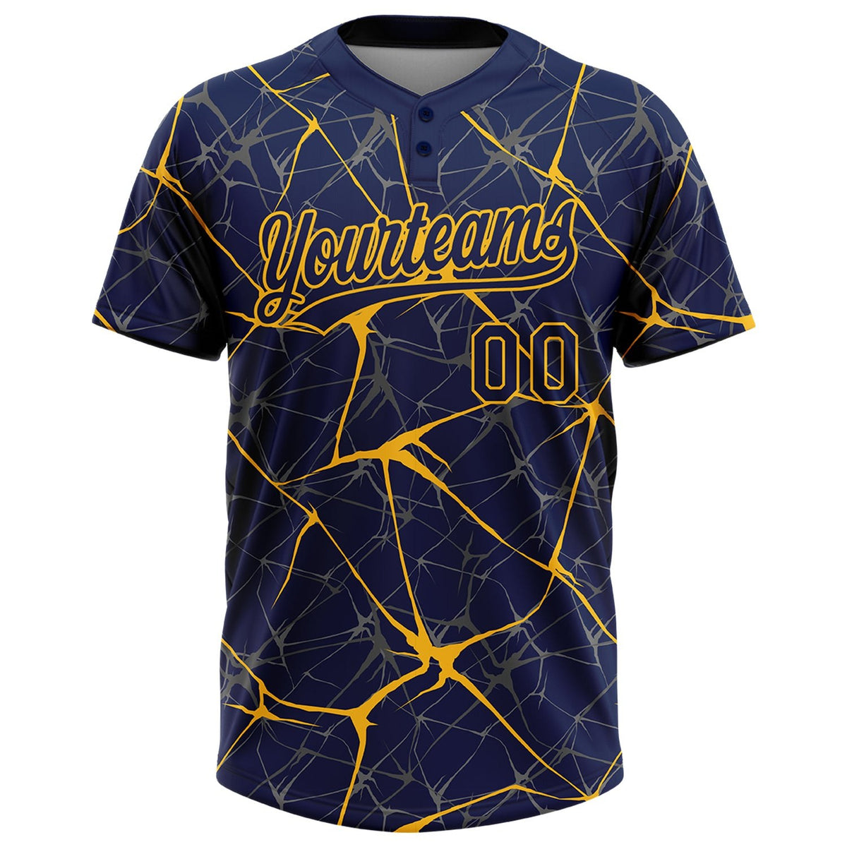 Custom Navy Gold 3D Pattern Abstract Network Two-Button Unisex Softball Jersey photo 2