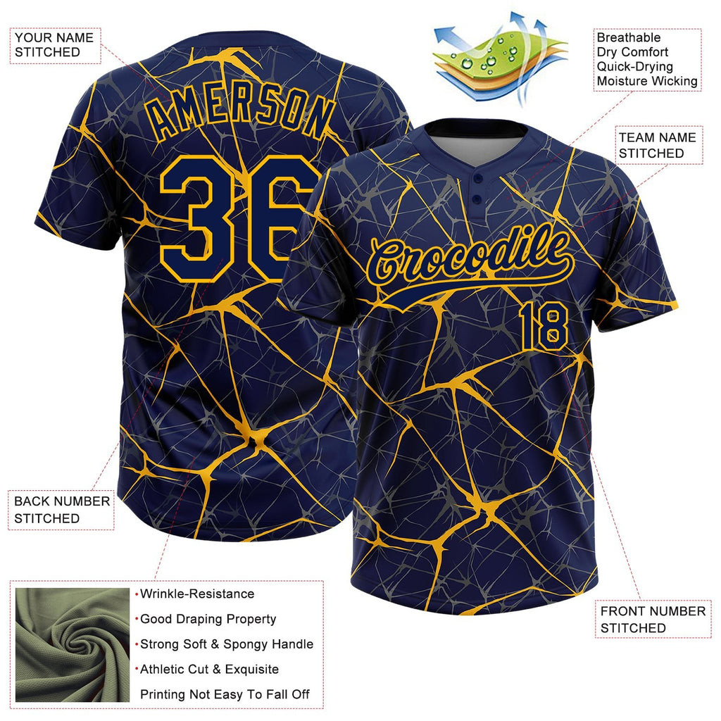 Custom Navy Gold 3D Pattern Abstract Network Two-Button Unisex Softball Jersey photo 3
