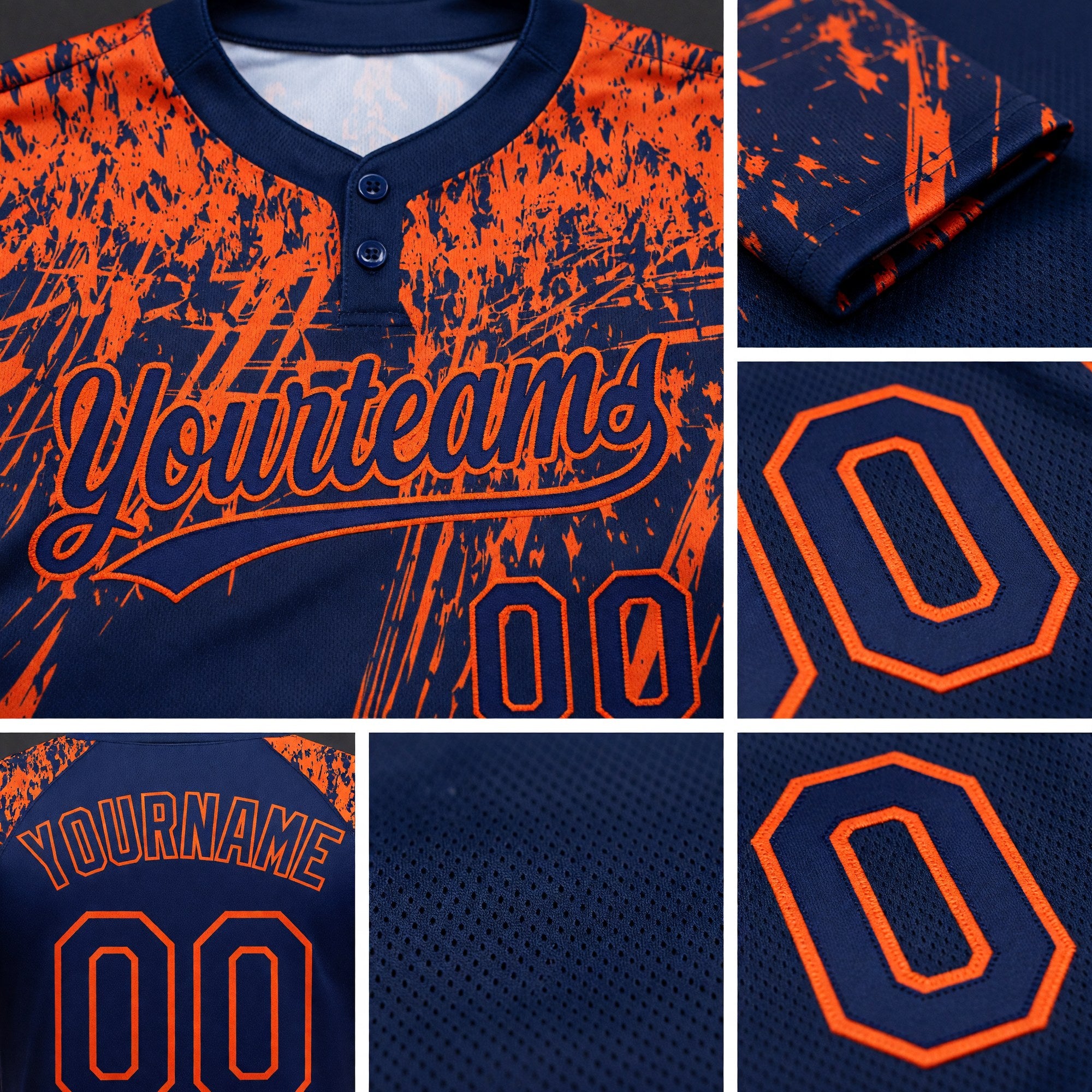 Custom Navy Orange 3D Pattern Abstract Sharp Shape Two-Button Unisex Softball Jersey detail