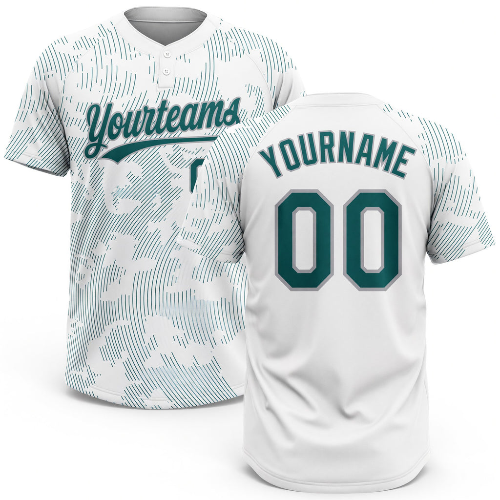 Custom White Teal-Gray 3D Pattern Curve Lines Two-Button Unisex Softball Jersey