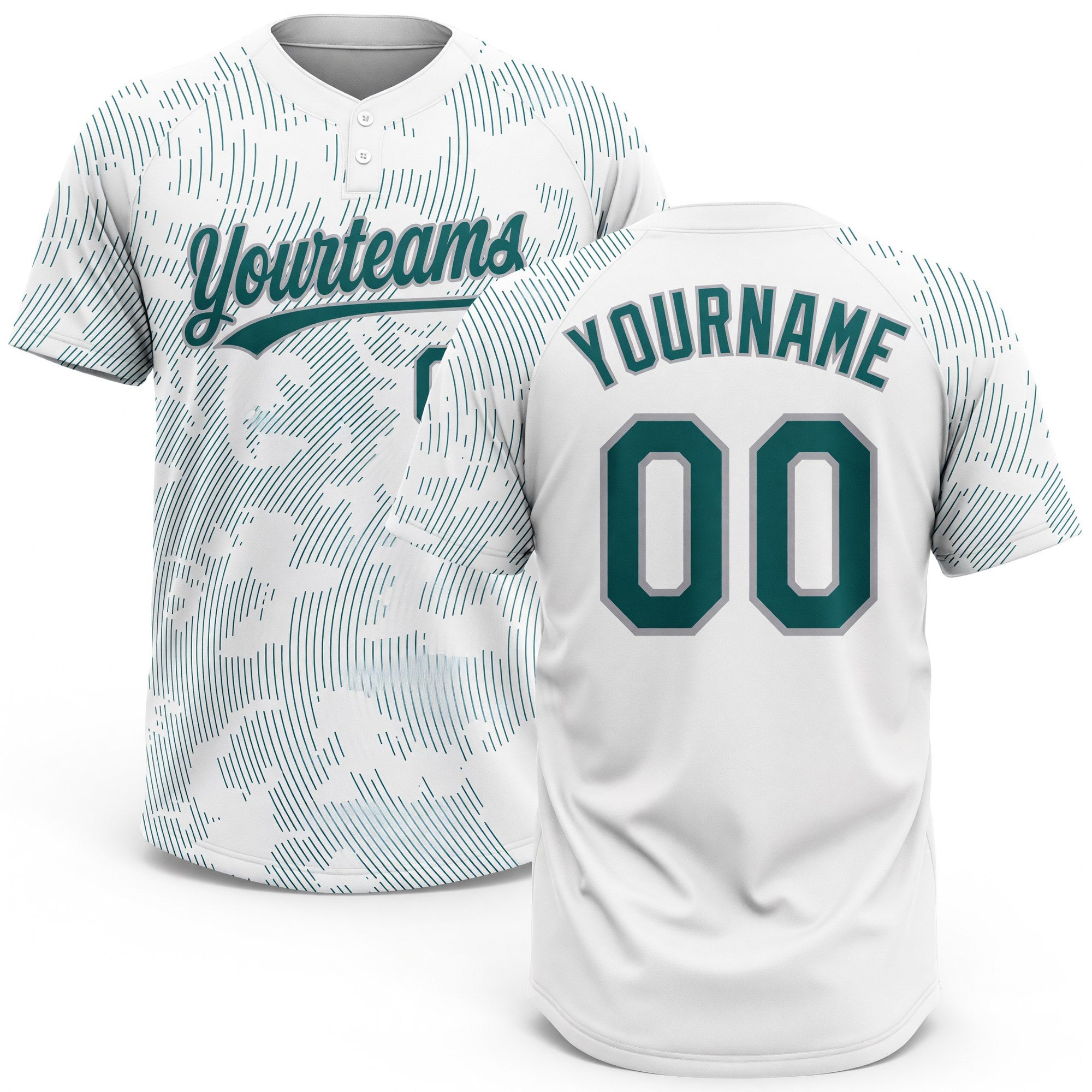 Custom White Teal-Gray 3D Pattern Curve Lines Two-Button Unisex Softball Jersey