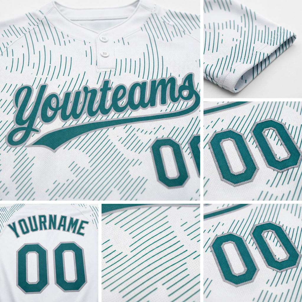 Custom White Teal-Gray 3D Pattern Curve Lines Two-Button Unisex Softball Jersey detail
