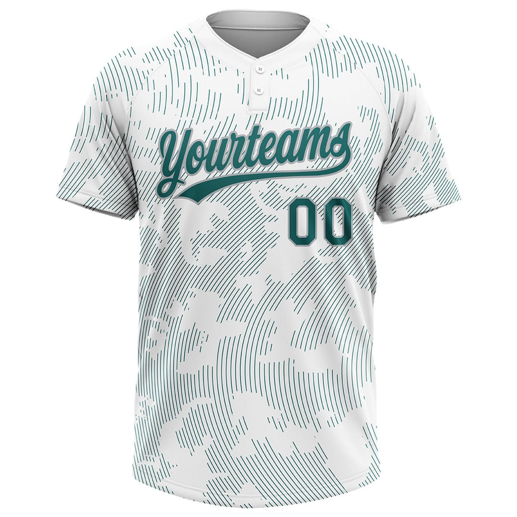 Custom White Teal-Gray 3D Pattern Curve Lines Two-Button Unisex Softball Jersey photo 1