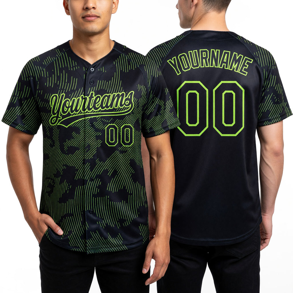 Custom Black Neon Green 3D Pattern Curve Lines Two-Button Unisex Softball Jersey worn front and back