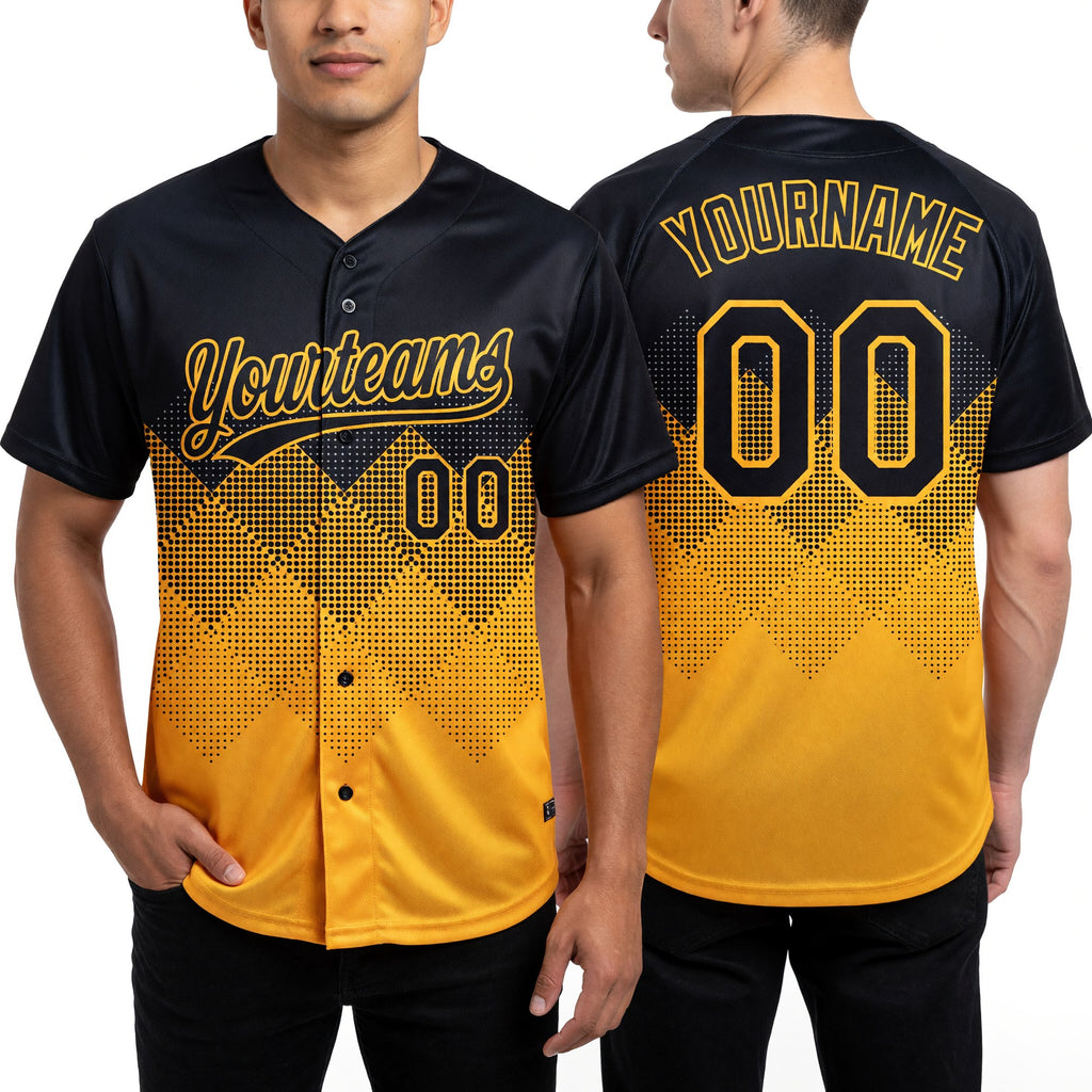 Custom Black Gold 3D Pattern Gradient Square Shapes Two-Button Unisex Softball Jersey worn front and back