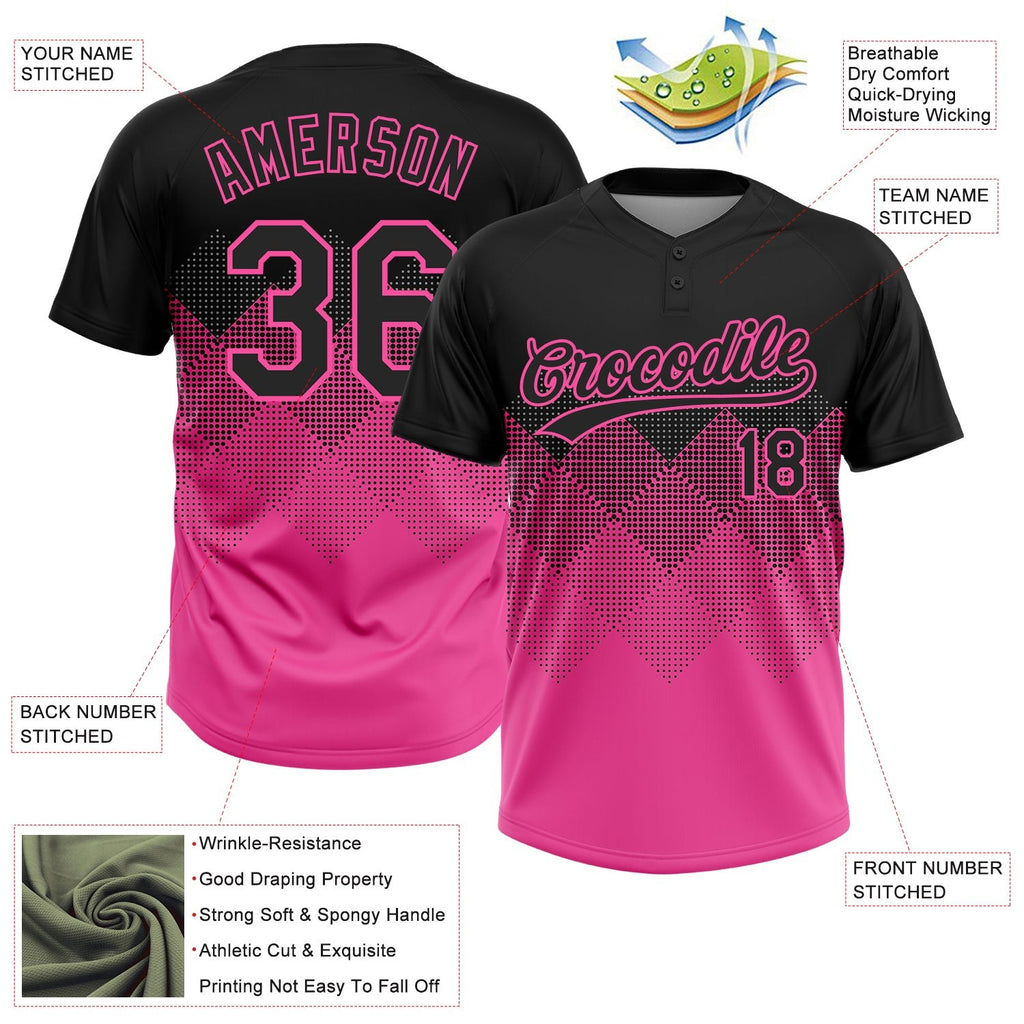 Custom Black Pink 3D Pattern Gradient Square Shapes Two-Button Unisex Softball Jersey photo 3