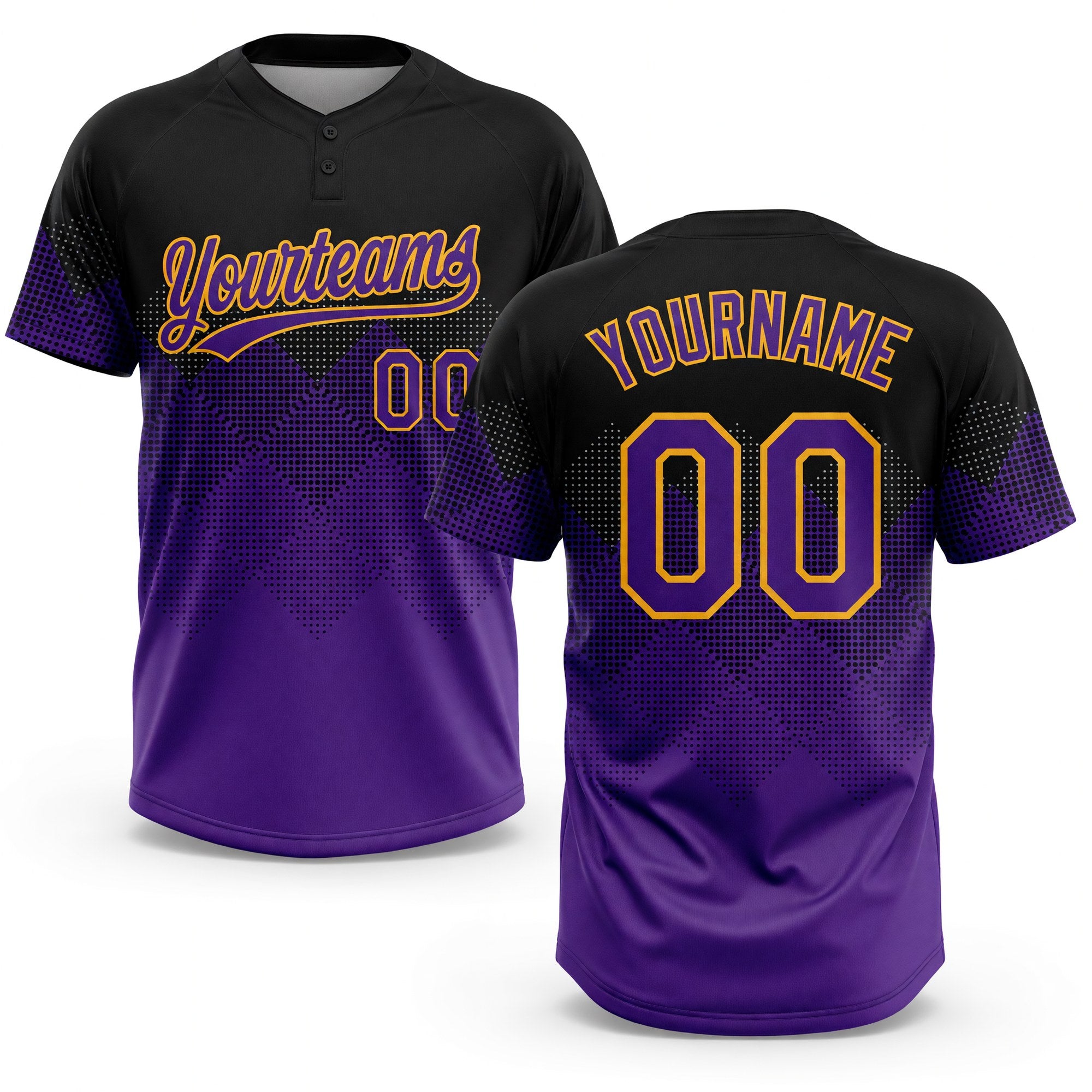 Custom Black Purple-Gold 3D Pattern Gradient Square Shapes Two-Button Unisex Softball Jersey