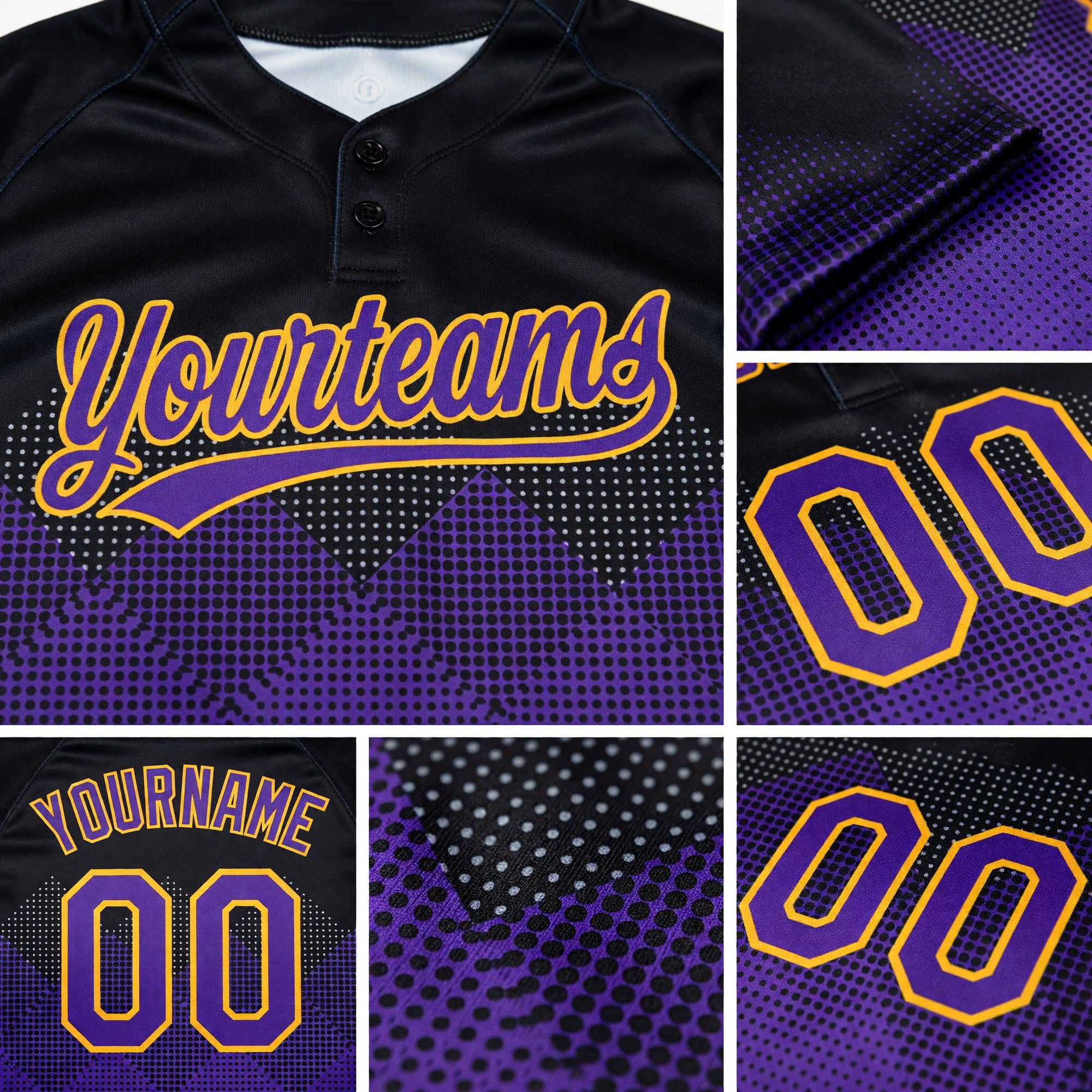 Custom Black Purple-Gold 3D Pattern Gradient Square Shapes Two-Button Unisex Softball Jersey detail
