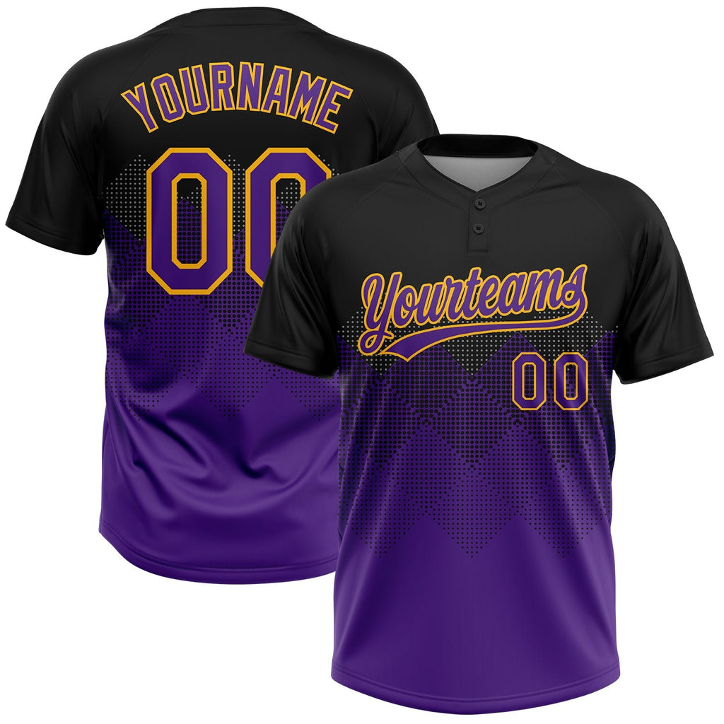 Custom Black Purple-Gold 3D Pattern Gradient Square Shapes Two-Button Unisex Softball Jersey photo 1