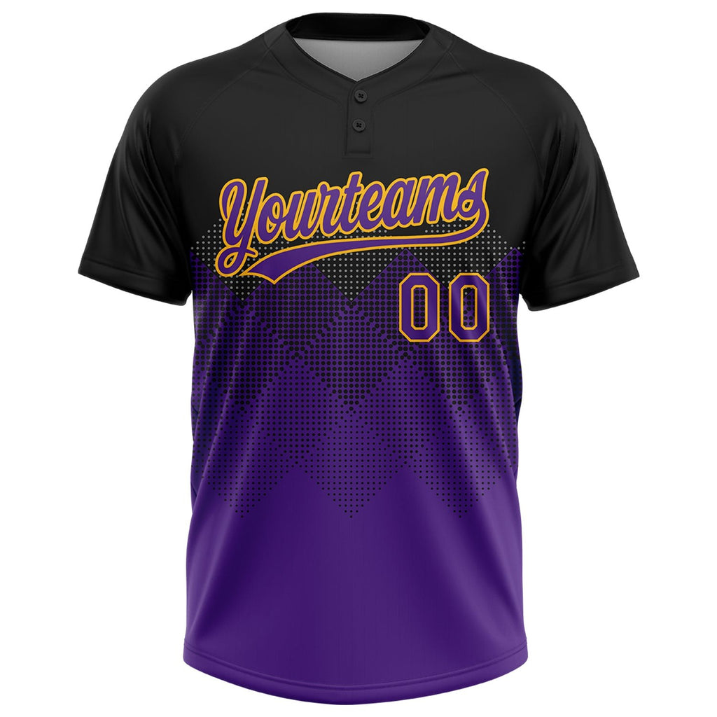 Custom Black Purple-Gold 3D Pattern Gradient Square Shapes Two-Button Unisex Softball Jersey photo 2