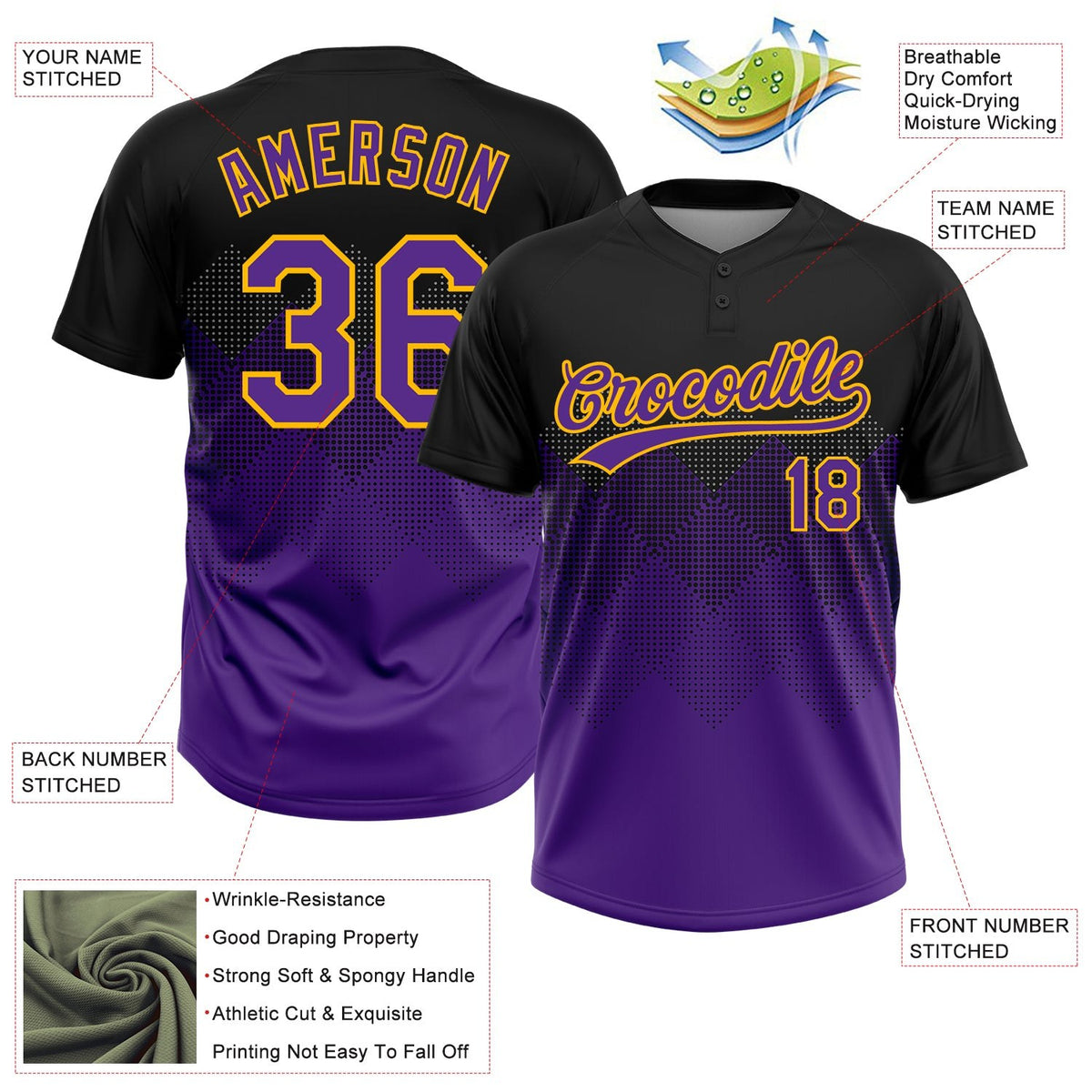 Custom Black Purple-Gold 3D Pattern Gradient Square Shapes Two-Button Unisex Softball Jersey photo 3