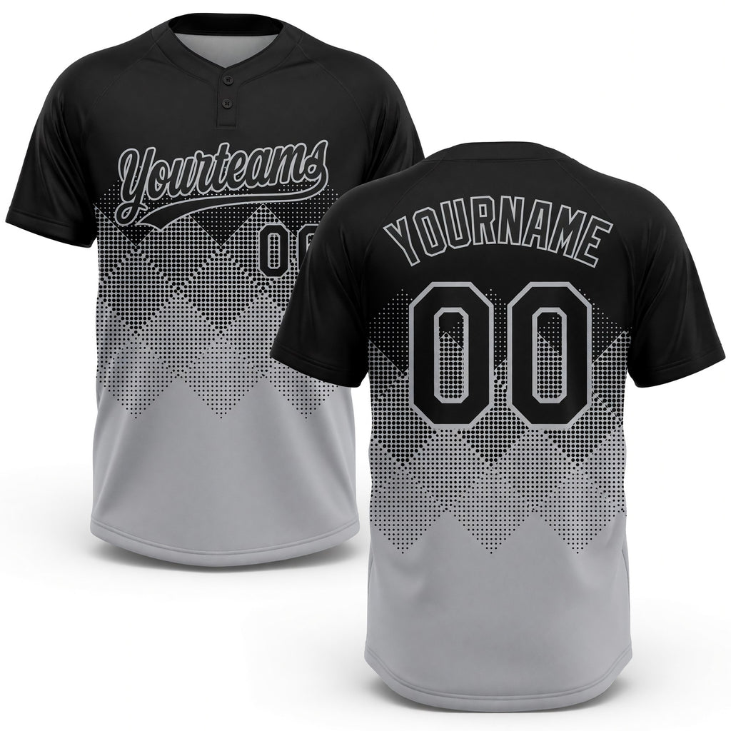 Custom Black Gray 3D Pattern Gradient Square Shapes Two-Button Unisex Softball Jersey