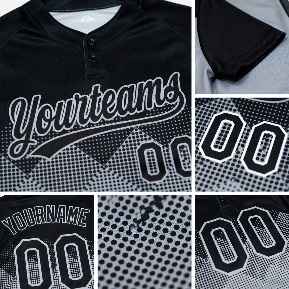 Custom Black Gray 3D Pattern Gradient Square Shapes Two-Button Unisex Softball Jersey detail