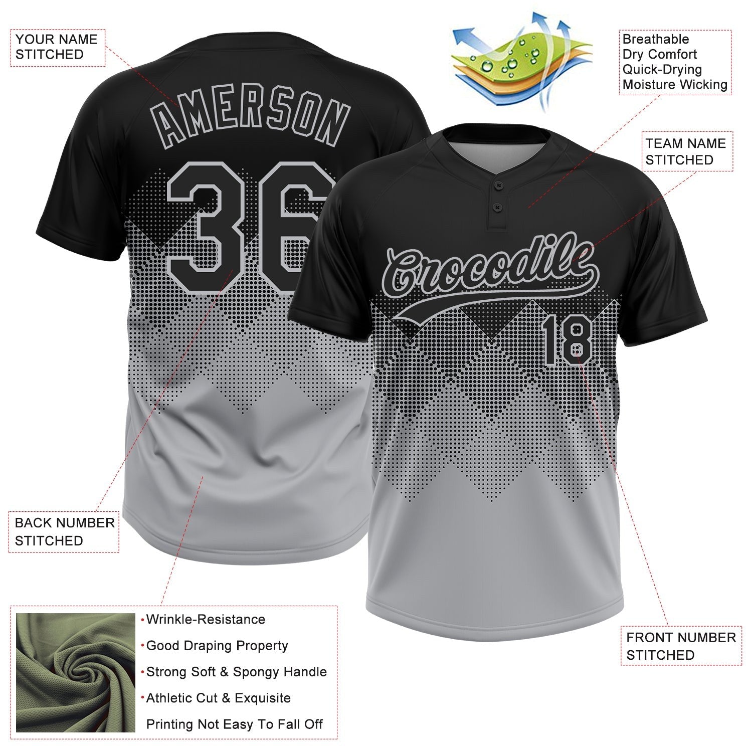 Custom Black Gray 3D Pattern Gradient Square Shapes Two-Button Unisex Softball Jersey photo 4