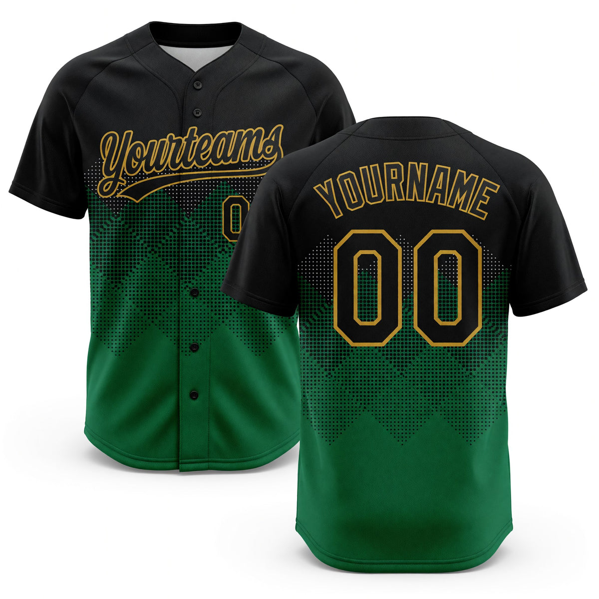 Custom Black Kelly Green-Old Gold 3D Pattern Gradient Square Shapes Two-Button Unisex Softball Jersey