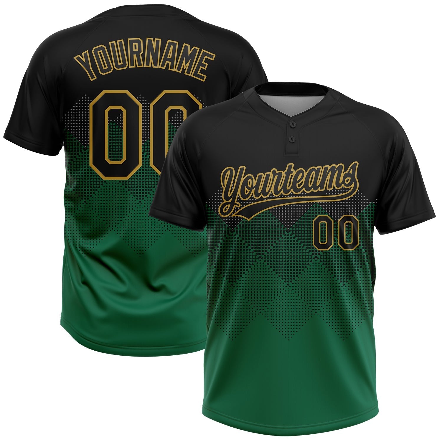 Custom Black Kelly Green-Old Gold 3D Pattern Gradient Square Shapes Two-Button Unisex Softball Jersey photo 1