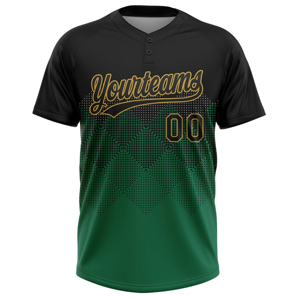 Custom Black Kelly Green-Old Gold 3D Pattern Gradient Square Shapes Two-Button Unisex Softball Jersey photo 2