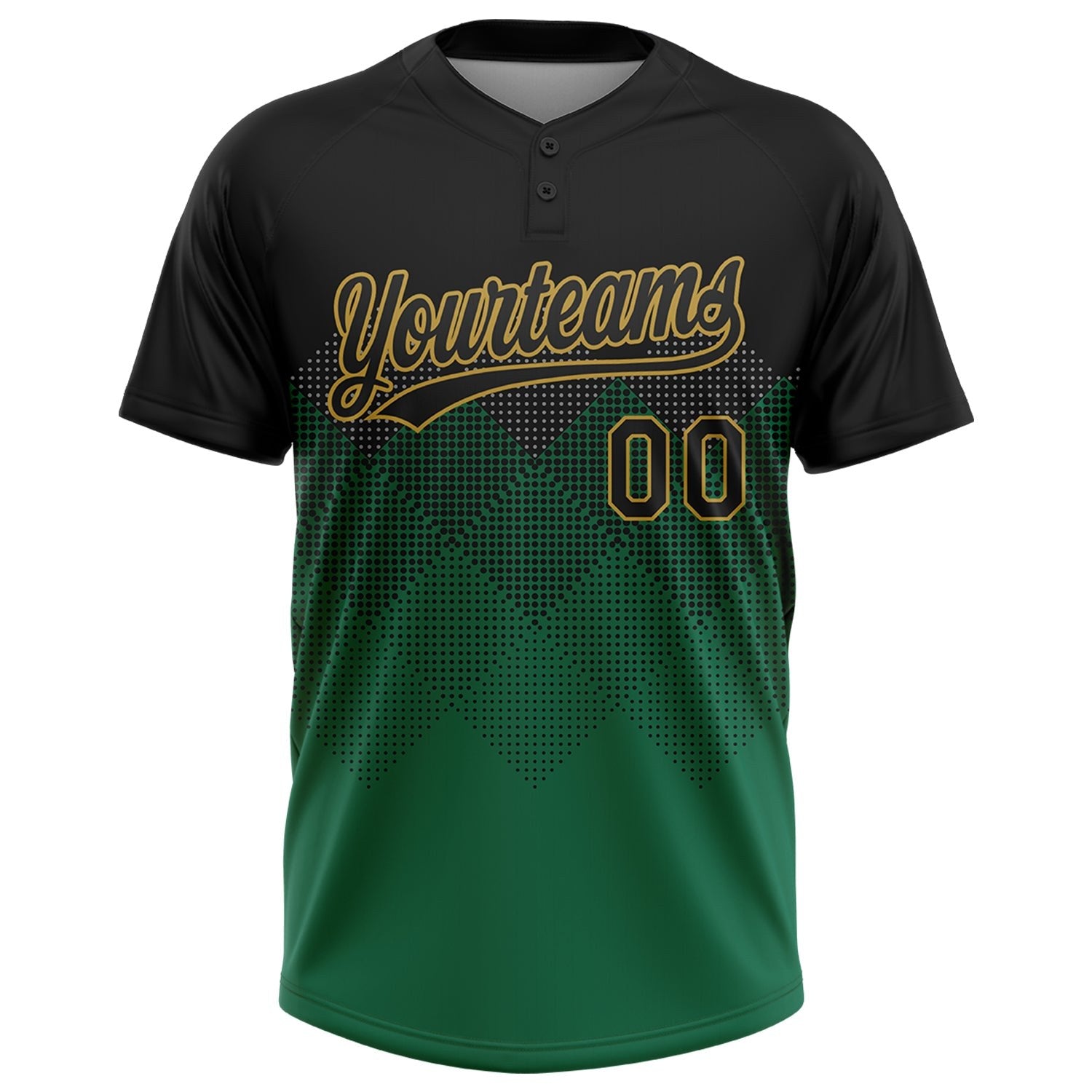 Custom Black Kelly Green-Old Gold 3D Pattern Gradient Square Shapes Two-Button Unisex Softball Jersey photo 2
