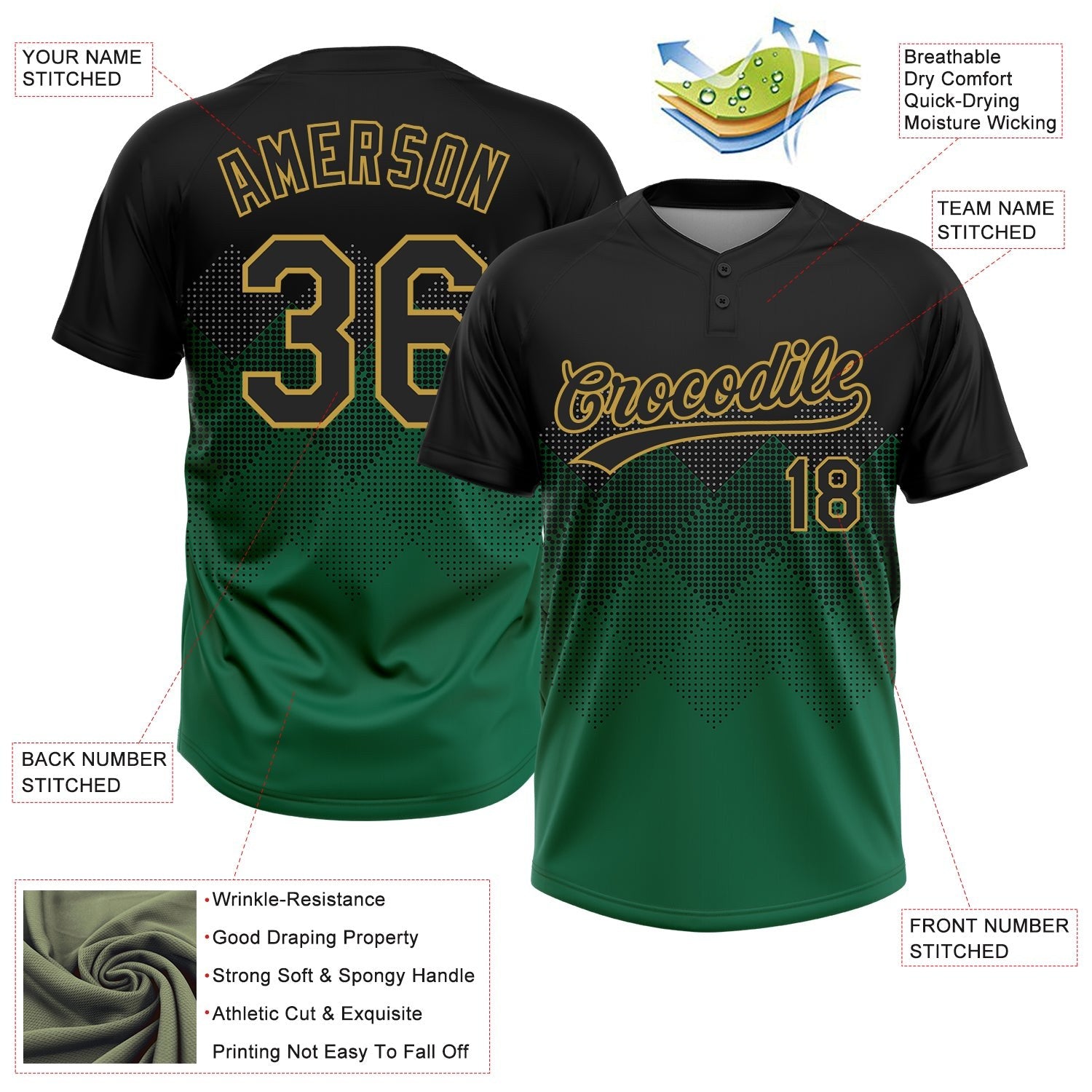 Custom Black Kelly Green-Old Gold 3D Pattern Gradient Square Shapes Two-Button Unisex Softball Jersey photo 3