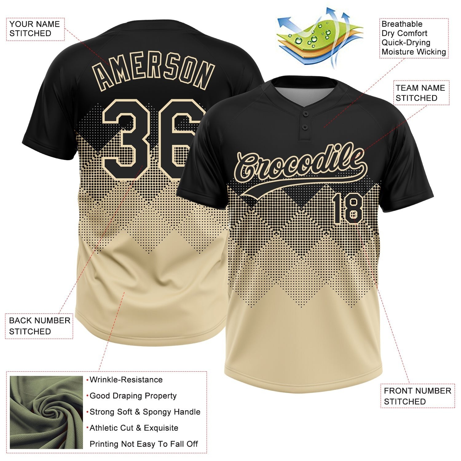 Custom Black Cream 3D Pattern Gradient Square Shapes Two-Button Unisex Softball Jersey photo 3