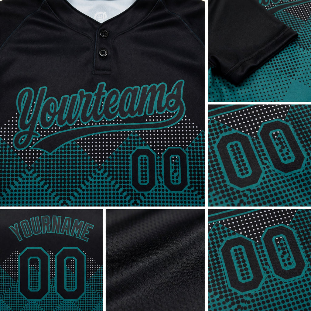 Custom Black Teal 3D Pattern Gradient Square Shapes Two-Button Unisex Softball Jersey detail