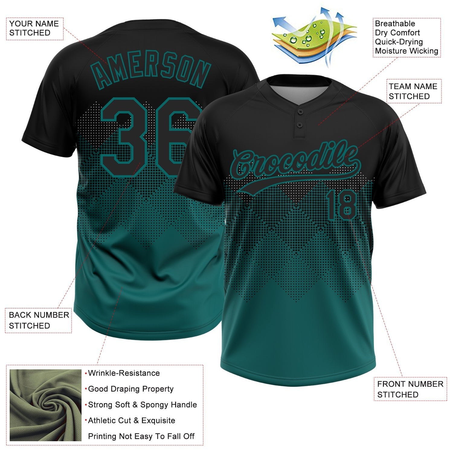 Custom Black Teal 3D Pattern Gradient Square Shapes Two-Button Unisex Softball Jersey photo 3