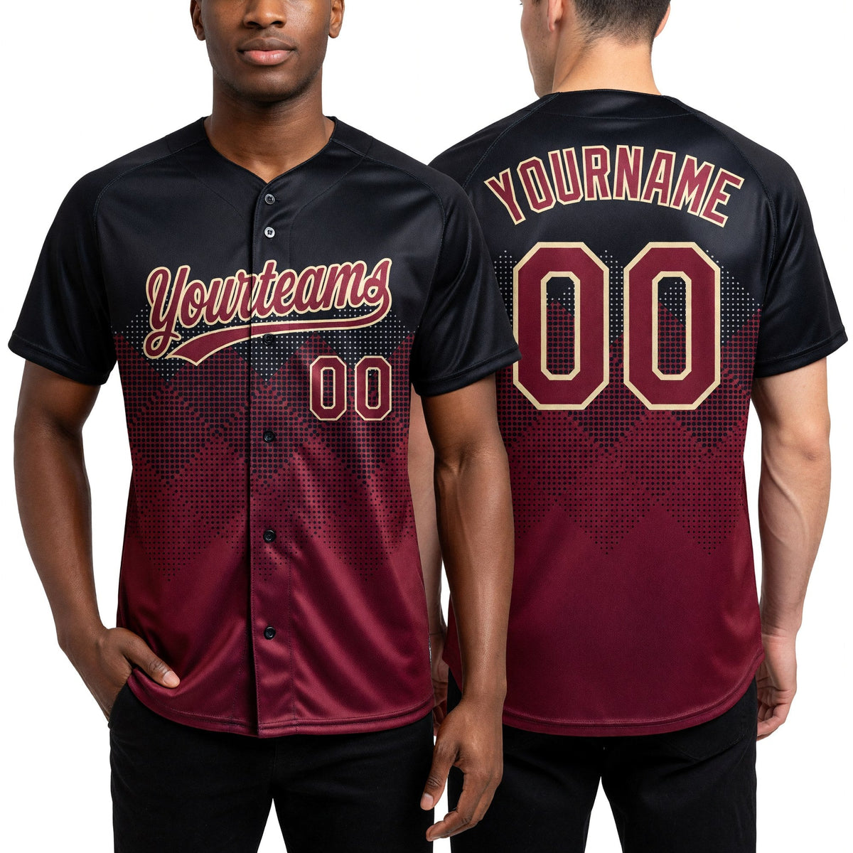 Custom Black Crimson-City Cream 3D Pattern Gradient Square Shapes Two-Button Unisex Softball Jersey worn front and back