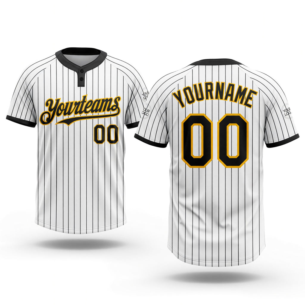 Custom White Black Pinstripe Gold Two-Button Unisex Softball Jersey