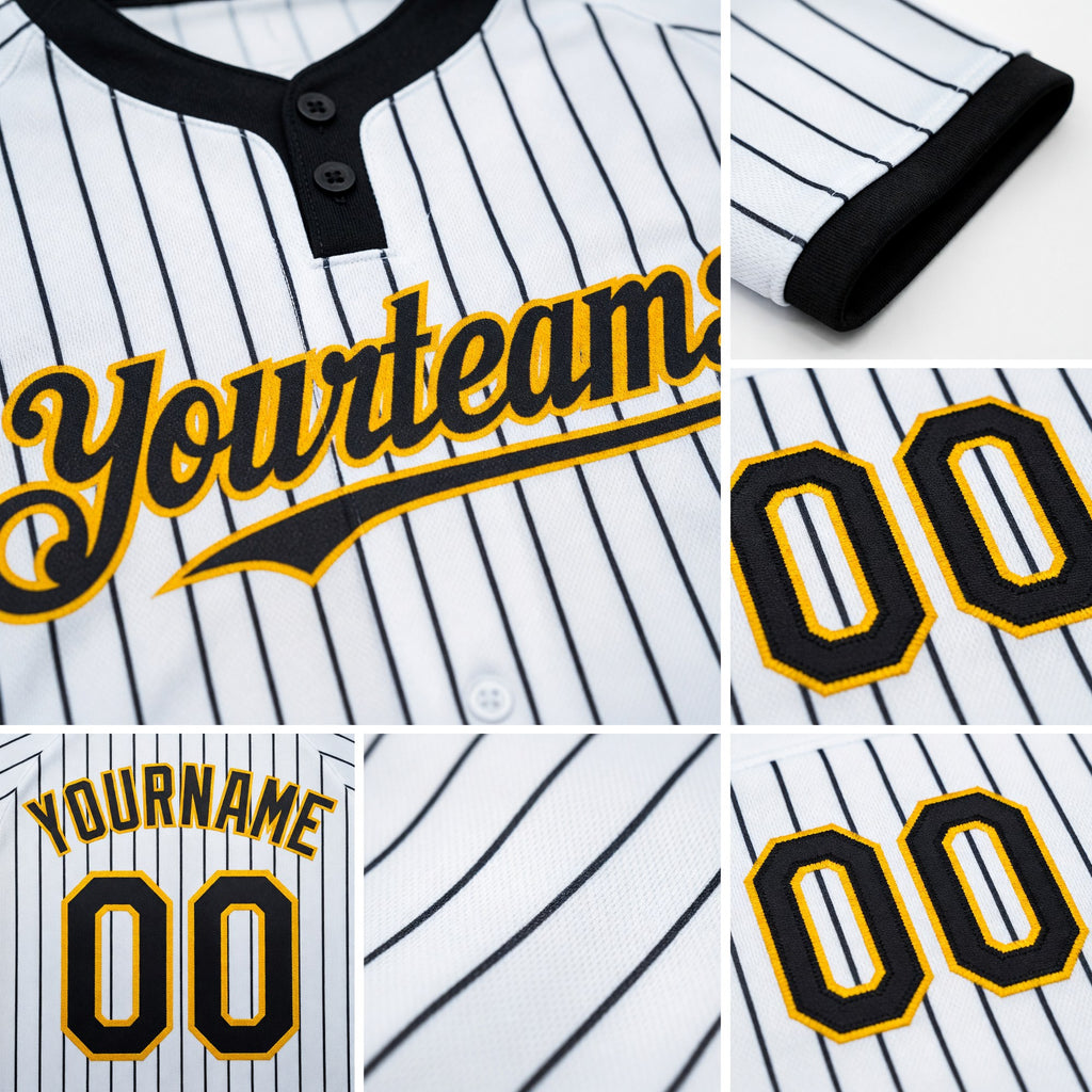 Custom White Black Pinstripe Gold Two-Button Unisex Softball Jersey detail