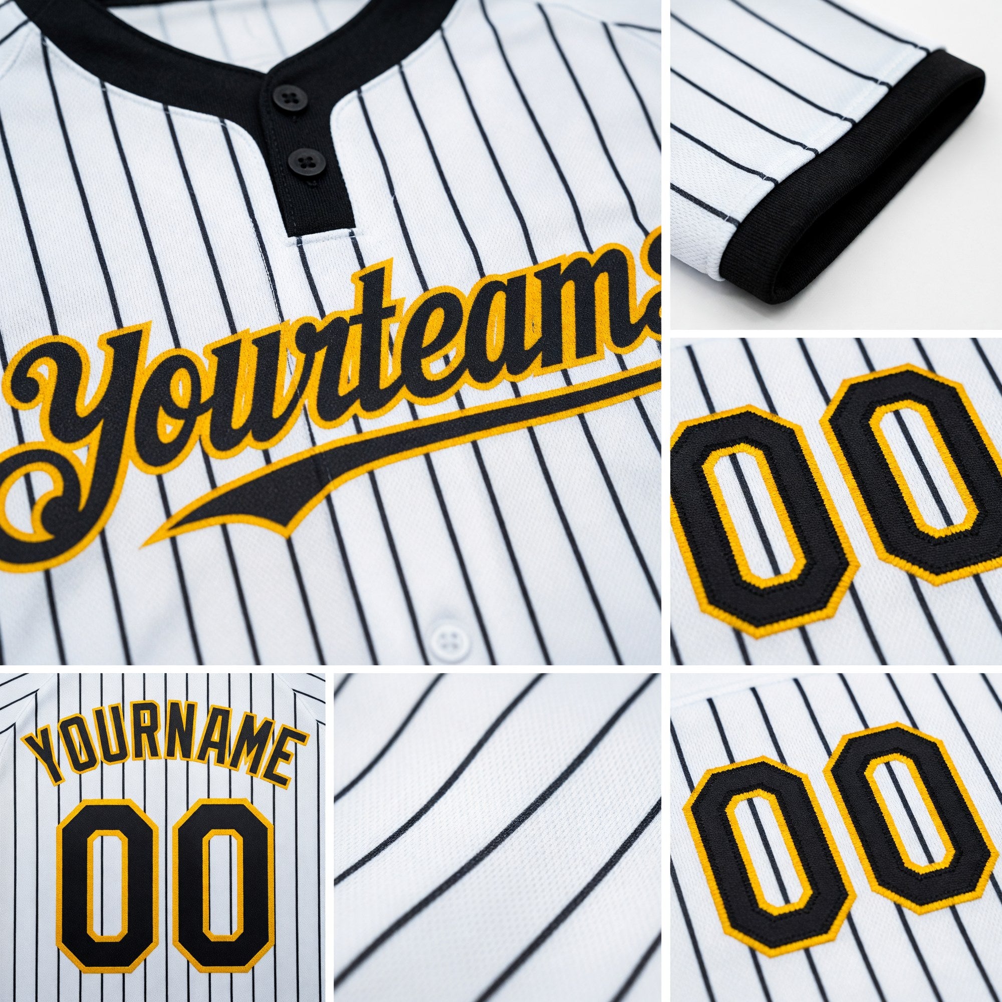 Custom White Black Pinstripe Gold Two-Button Unisex Softball Jersey detail