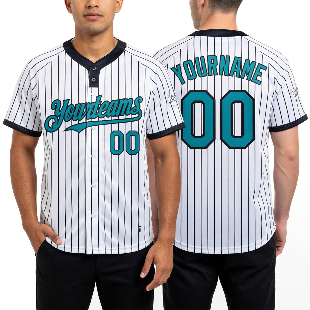 Custom White Black Pinstripe Teal Two-Button Unisex Softball Jersey worn front and back