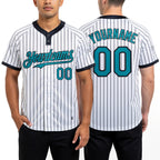 Custom White Black Pinstripe Teal Two-Button Unisex Softball Jersey worn front and back