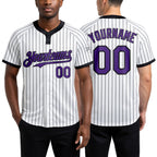 Custom White Black Pinstripe Purple Two-Button Unisex Softball Jersey worn front and back